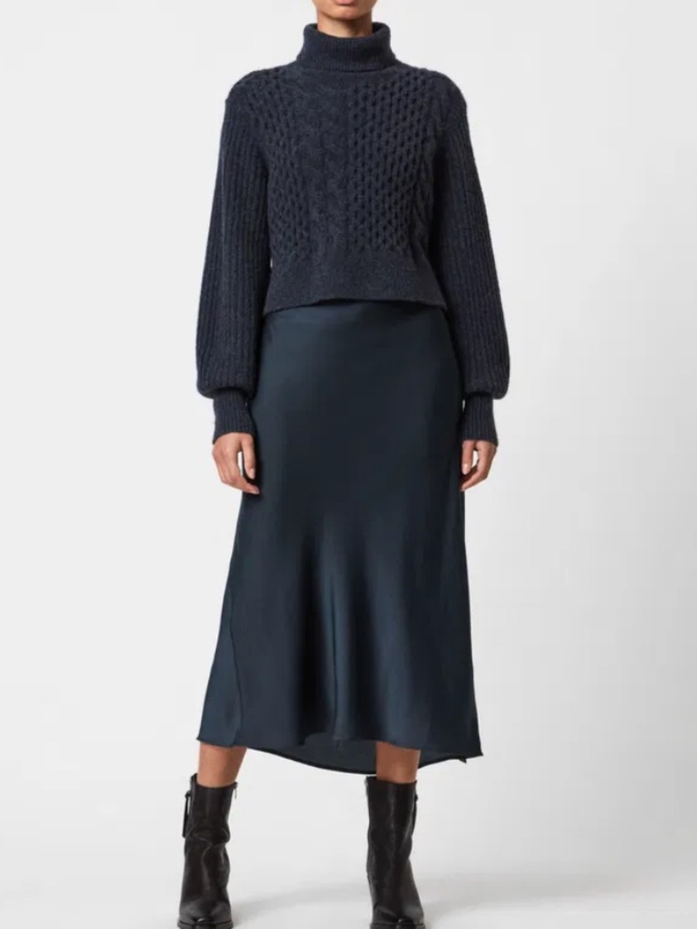 All Saints Claude Cropped Sweater Chunky Cable Knit Mock Neck Wool Blend SM Blue - Picture 3 of 16